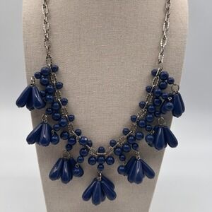 Talbots Statement Bib Necklace Silver Tone Navy Blue Teardrop Dangle Bead 24"